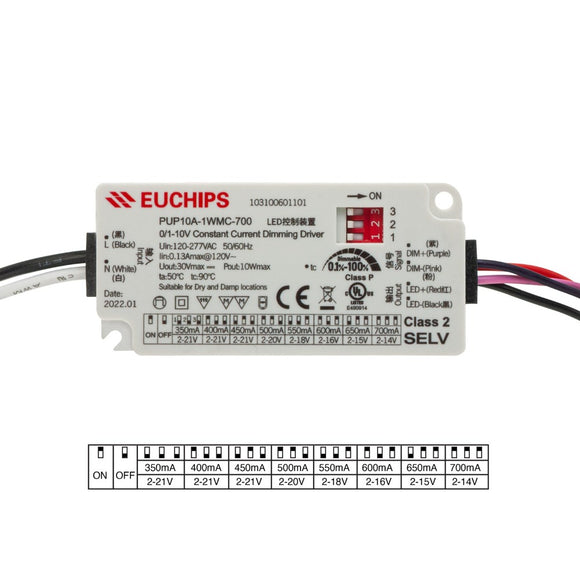EUCHIPS Constant Current Driver PUP10A-1WMC-700 Selectable, 120VAC-277VAC 350 to 700mA - GekPower