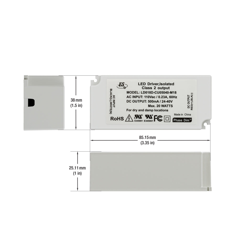 ES LD018D-CU05040-M18 Constant Current LED Driver, 500mA 24-40V 20W max, gekpower