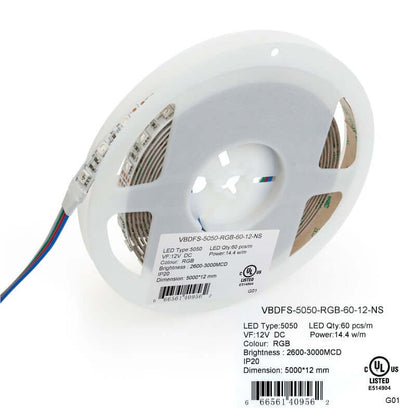 5M(16.4ft) Indoor LED Strip 5050, 12V 4.5(w/ft) 60(LEDs/m) 2600-3000MCD RGB - GekPower
