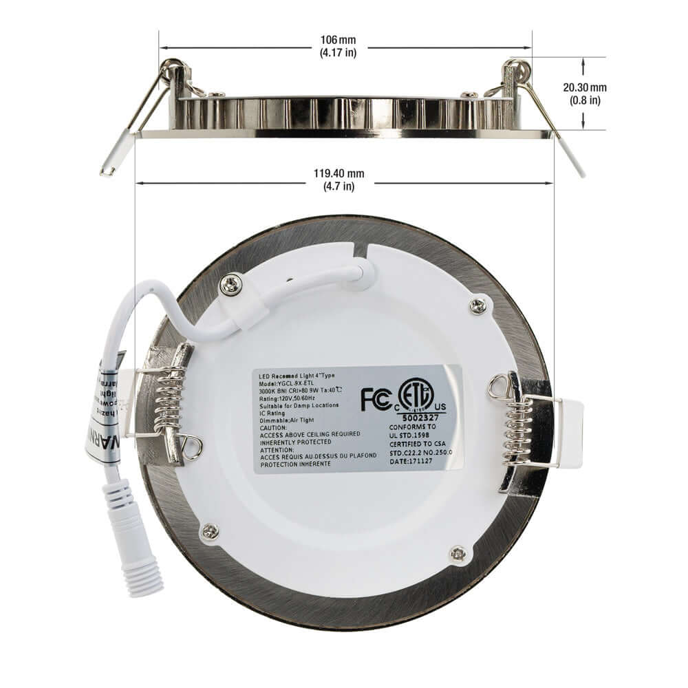 4 inch Flat Dimmable Recessed LED Panel Light, 120V 9W 3000K Brushed Nickel, gekpower