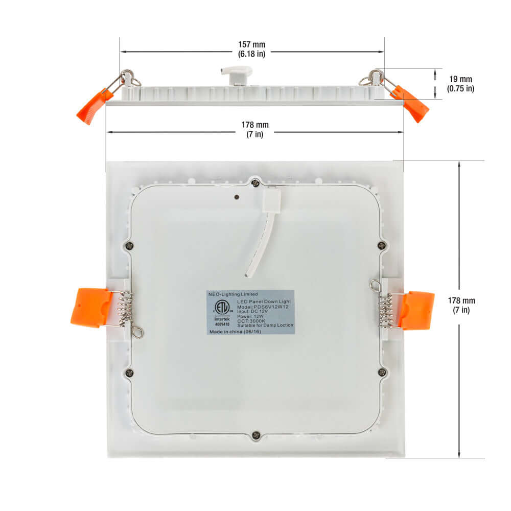 6 inch LED Square Panel Downlight PDS6V12W12, 12V 12W 3000K(Warm White) - GekPower