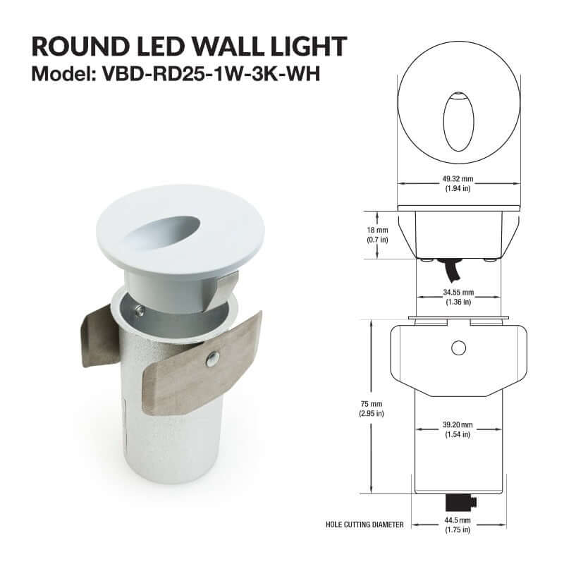 VBD-RD25-1W-3K-WH Dimmable LED Step Light