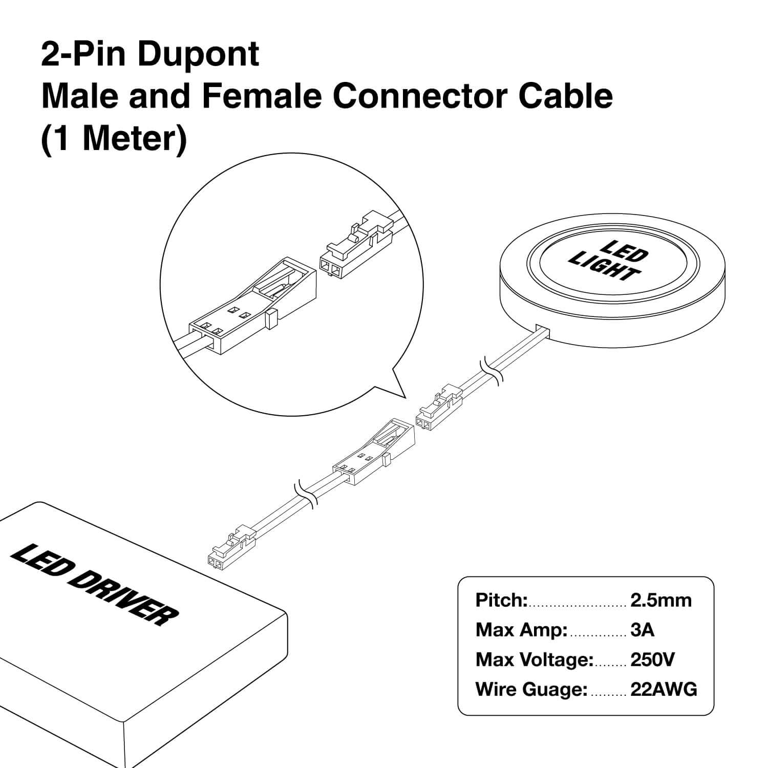 2-Pin DuPont Terminal Extension for LED Lights - 1M