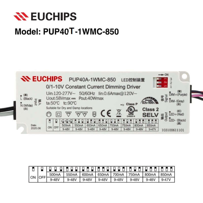40W 0-10V Dimmable LED Driver PUP40A-1WMC-850