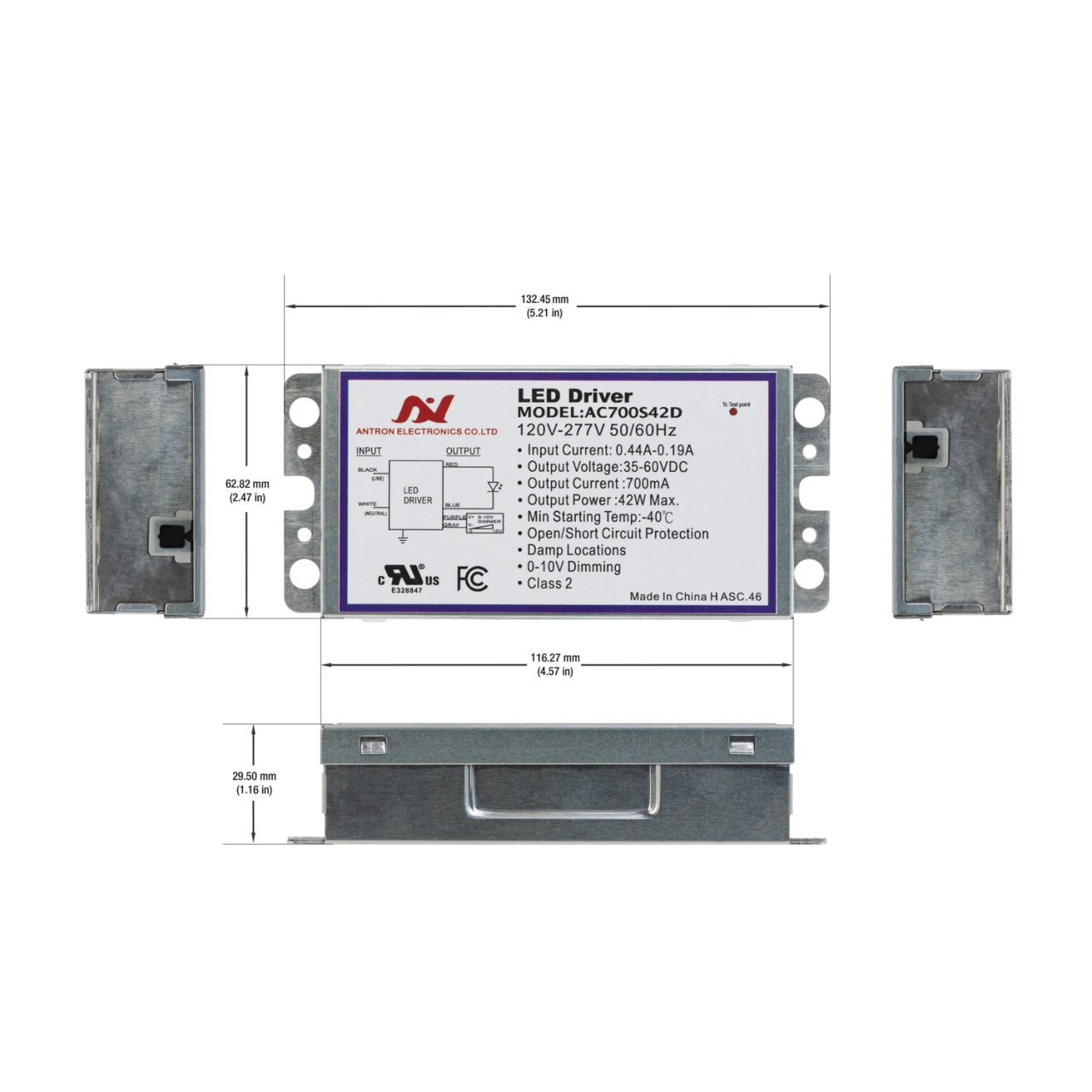 Antron Constant Current LED Driver AC700S42D, 0-10V Dimming 700mA 35-60V 42W - GekPower